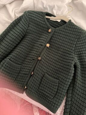 ba&sh Dark Green Knitted Bomber Jacket with Gold Buttons